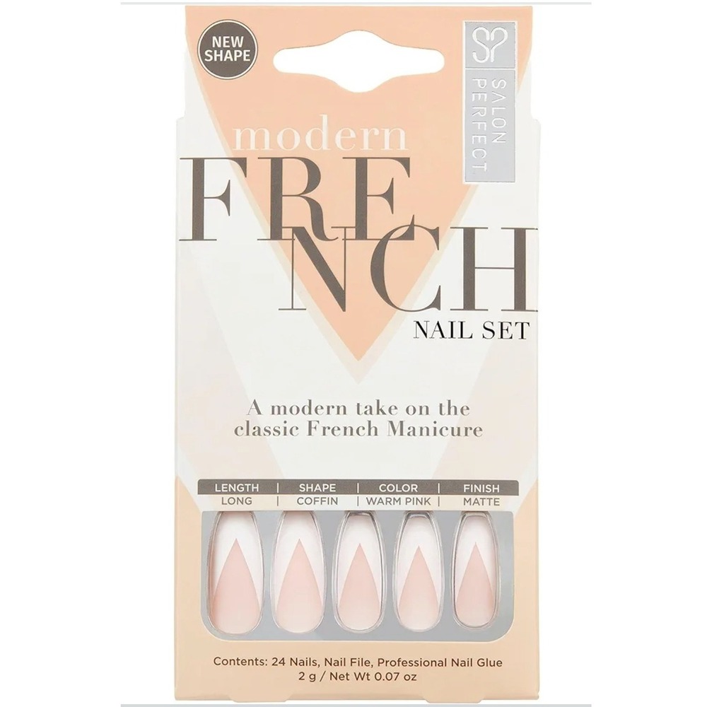 Salon Perfect Modern French Nail Set, Long Coffin, Warm‎ Pink, 24 Nails